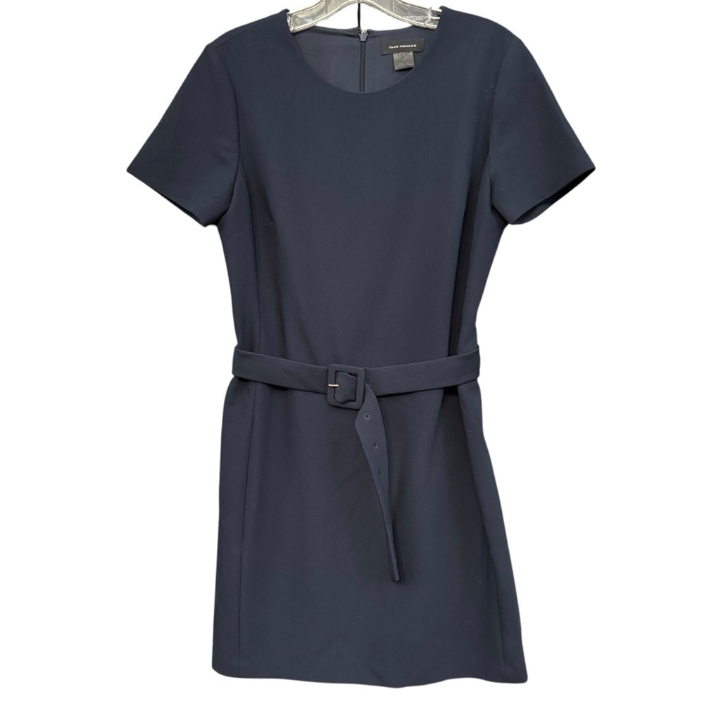 Club Monaco Navy Short-Sleeve Midi Dress with Belted Waist